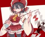  1girl ascot bangs bare_shoulders black_eyes black_hair black_thighhighs blush bow closed_mouth cowboy_shot detached_sleeves frilled_skirt frills gohei hair_between_eyes hair_bow hair_tubes hakurei_reimu highres japanese_clothes massakasama navel nontraditional_miko red_bow red_skirt short_hair sidelocks skirt solo thighhighs touhou white_sleeves wide_sleeves yellow_ascot 