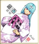  1girl bangs blue_hair blue_nails blunt_bangs character_name commentary_request copyright_name dated floral_print grin hamada_yoshikazu hand_on_hip highres japanese_clothes kimono kiriha_(tsugumomo) light_blue_hair long_hair long_sleeves looking_at_viewer nail_polish official_art oni photo_(medium) pointy_ears print_kimono red_eyes shikishi signature simple_background smile solo traditional_media tsugumomo white_background 