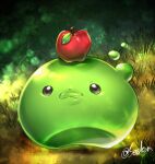  :3 apple commentary_request food fruit full_body grass no_humans poporing ragnarok_online red_apple rouko_(shichizai_shichifuku) signature slime_(creature) solo 
