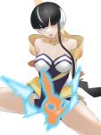  1girl ;p bangs black_hair blue_eyes blunt_bangs blurry breasts cleavage closed_mouth collarbone commentary elesa_(pokemon) elesa_(sygna_suit)_(pokemon) gloves headphones highres keiaizenfeld looking_at_viewer motion_blur multicolored_hair official_alternate_costume one_eye_closed orange_gloves pokemon pokemon_(creature) pokemon_(game) pokemon_masters_ex rotom rotom_(normal) short_hair_with_long_locks simple_background smile spread_legs streaked_hair tongue tongue_out white_background 