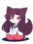  1girl animal_ears blush_stickers brown_hair closed_mouth dress fried_rice0614 full_body highres imaizumi_kagerou long_hair long_sleeves red_dress red_eyes simple_background smile solo tail touhou white_background white_dress wolf_ears wolf_tail 