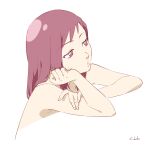  1girl cll_j flcl highres lips medium_hair nude open_mouth red_eyes red_hair samejima_mamimi signature solo topless 