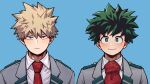  2boys bakugou_katsuki bangs black_outline blazer blonde_hair blue_background blush boku_no_hero_academia bright_pupils closed_mouth collared_shirt commentary curly_hair dated_commentary freckles frown green_eyes green_hair hair_between_eyes highres jacket looking_at_viewer male_focus midoriya_izuku modo_(modo_s2) multiple_boys necktie outline raised_eyebrows red_eyes red_necktie sanpaku school_uniform shirt short_hair side-by-side simple_background smile spiked_hair straight-on u.a._school_uniform upper_body v-shaped_eyebrows white_pupils white_shirt wing_collar 