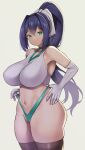  bare_shoulders blue_hair breasts choker closed_mouth covered_nipples cowboy_shot crop_top curvy elbow_gloves gloves green_eyes green_gym_girl_(nagase_haruhito) green_panties hair_between_eyes hair_intakes highleg highleg_panties huge_breasts impossible_clothes impossible_shirt long_hair nagase_haruhito navel original paid_reward_available panties ponytail shirt sideboob simple_background strap_pull thick_thighs thighhighs thighs underwear v-neck 