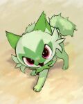  :3 animal_focus commentary_request full_body koala_0l looking_up no_humans open_mouth pink_eyes pokemon pokemon_(creature) solo sprigatito standing 