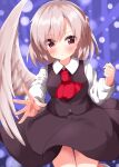  1girl ascot bangs black_skirt black_vest blush closed_mouth collared_shirt cosplay feathered_wings grey_hair hair_between_eyes highres kishin_sagume long_sleeves red_ascot red_eyes rumia rumia_(cosplay) ruu_(tksymkw) shirt short_hair single_wing skirt solo touhou vest white_shirt white_wings wings 