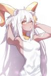  1girl :o absurdres adjusting_hair ahoge animal_ears arknights armpits arms_up bangs bare_arms bare_shoulders beeswax_(arknights) beudelb breasts dark-skinned_female dark_skin dress goat_ears goat_girl goat_horns gold_collar gold_horns hand_in_own_hair hands_in_hair highres horns long_hair looking_at_viewer open_mouth sideboob sidelocks simple_background skin_tight small_breasts solo upper_body very_long_hair white_background white_dress white_hair yellow_eyes 
