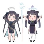  2girls animal_ears arms_up bangs black_coat black_dress black_footwear black_gloves black_hair blue_archive blush butterfly_hair_ornament chibi china_dress chinese_clothes closed_eyes closed_mouth coat commentary_request double_bun dragon_print dress full_body gloves grey_eyes hair_bun hair_ornament halo highres jfjf kisaki_(blue_archive) long_hair long_sleeves multiple_girls open_clothes open_coat open_mouth pelvic_curtain shun_(blue_archive) shun_(small)_(blue_archive) side_slit simple_background standing stretching thighhighs twintails white_background white_thighhighs 