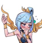 1girl arm_up bangs bare_shoulders blue_eyes blush breasts commentary covering_mouth flying_sweatdrops grey_hair hair_rings hand_over_own_mouth league_of_legends lowres lunar_empress_lux lux_(league_of_legends) medium_breasts phantom_ix_row shiny_skin short_hair simple_background solo sweat symbol-only_commentary white_background 