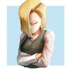  1girl android_18 blonde_hair breasts closed_eyes cropped_torso crossed_arms dragon_ball dragon_ball_z earrings hair_behind_ear hair_over_one_eye jewelry medium_breasts sarulart solo upper_body v-shaped_eyebrows 