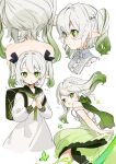  +_+ 1girl :o alternate_hairstyle backpack bag bangs blush closed_mouth dress elf flat_chest from_behind genshin_impact gotou_(nekocat) gradient_hair green_dress green_eyes grey_hair highres light_smile long_hair long_pointy_ears long_sleeves looking_at_viewer multicolored_hair multiple_views nahida_(genshin_impact) open_mouth pointy_ears randoseru strap_slip twintails white_dress 