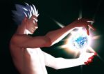  1boy =_(9_yawbus) black_background blue_eyes blue_hair commentary_request cyrus_(pokemon) earth_(planet) from_side giant giant_male glowing highres looking_down male_focus nude planet pokemon pokemon_(game) pokemon_dppt short_hair smile solo spiked_hair toned toned_male 
