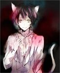  1boy animal_ears bangs black_background black_wolves_saga blood blood_on_clothes blood_stain cat_boy cat_ears cat_tail facing_viewer formal julian_(black_wolves_saga) long_sleeves looking_down male_focus skunlv smile solo tail yandere 