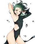  1girl armpits arms_up bare_legs blush breasts collarbone covered_nipples eyelashes floating_hair floating_rock green_eyes green_hair hands_in_hair highres licking_lips long_sleeves looking_down messy_hair one-punch_man parted_lips rubble short_hair simple_background single_sleeve small_breasts solo sweat tatsumaki tongue tongue_out torn_clothes white_background xter 