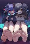  2girls barefoot black_nails blue_shirt blue_sleeves blunt_ends blush breasts brown_gloves cleavage cleavage_cutout clenched_teeth clothing_cutout demon_horns elbow_gloves english_commentary eyelashes feet flower foot_focus foreshortening gloves hair_flower hair_ornament hand_up highres horns k-rha&#039;s kamiko_(k-rha) knees_up large_breasts legs medium_hair multiple_girls nail_polish one_side_up open_mouth orange_eyes original partially_fingerless_gloves piercing pink_eyes purple_hair shiny_skin shirt sidelocks sitting sleeveless slit_pupils soles teeth toenail_polish toenails toes w 