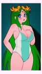  1girl :o alternate_costume arm_behind_back blue_one-piece_swimsuit blush breasts bright_pupils cowboy_shot green_eyes green_hair hachinos_ssb hand_on_own_chest highres kid_icarus kid_icarus_uprising large_breasts long_hair looking_at_viewer one-piece_swimsuit open_mouth palutena solo standing striped striped_one-piece_swimsuit swimsuit thighs tiara very_long_hair white_one-piece_swimsuit white_pupils 