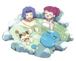  1boy 1girl atsumi_yoshioka bathing blush closed_eyes embarrassed james_(pokemon) jessie_(pokemon) meowth onsen open_mouth pokemon pokemon_(anime) pokemon_(creature) relaxing smile steam water wobbuffet 