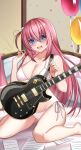  1girl absurdres balloon bangs bed bikini blue_eyes bocchi_the_rock! breasts chinese_commentary commentary_request cube_hair_ornament electric_guitar embarrassed flan_(f_l_an) gibson_les_paul gotou_hitori guitar hair_between_eyes hair_ornament hair_over_eyes highres instrument large_breasts long_hair looking_at_viewer one_side_up paper pink_hair shaded_face side-tie_bikini_bottom sitting solo swimsuit wariza white_bikini 