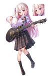  1girl :o bangs black_skirt black_socks bocchi_the_rock! brown_footwear chucolala chyoling closed_mouth commentary_request cube_hair_ornament electric_guitar full_body grey_hair guitar hair_ornament holding holding_instrument instrument jacket loafers long_hair long_sleeves mashiro_kanon multiple_views official_art one_side_up open_mouth pleated_skirt plectrum pointy_ears puffy_long_sleeves puffy_sleeves purple_jacket red_eyes school_uniform shoes skirt socks standing standing_on_one_leg track_jacket v-shaped_eyebrows very_long_hair virtual_youtuber 