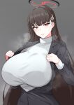  1girl absurdres bangs black_hair blue_archive blunt_bangs blush breasts grey_background hair_ornament halo highres large_breasts long_hair looking_at_viewer red_eyes rio_(blue_archive) simple_background solo sweat sweater turtleneck turtleneck_sweater yudouhu300000 