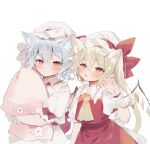  2girls animal_ear_fluff animal_ears bangs bat_wings blonde_hair blush bow cat_ears claw_pose flandre_scarlet floral_print hair_between_eyes hat hat_bow highres kemonomimi_mode mob_cap multiple_girls puffy_short_sleeves puffy_sleeves red_bow red_eyes red_skirt red_vest remilia_scarlet short_sleeves siblings simple_background sisters skirt sorani_(kaeru0768) touhou vest white_background white_headwear wings wrist_cuffs 