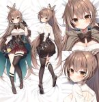  1girl asymmetrical_legwear bangs bed_sheet belt belt_buckle black_belt black_gloves black_hair black_skirt black_socks black_thighhighs blush bow breasts brown_bow brown_capelet brown_eyes brown_feathers brown_hair buckle capelet cleavage cleavage_cutout closed_mouth clothing_cutout commentary_request dakimakura_(medium) feather_hair_ornament feathers frilled_skirt frills fringe_trim gloves hair_between_eyes hair_ornament hand_up hololive hololive_english hood hood_down hooded_capelet lantern legs long_hair long_sleeves mauve medium_breasts multicolored_hair multiple_views nanashi_mumei no_shoes partially_fingerless_gloves pleated_skirt ponytail red_skirt sample_watermark shirt skirt smile socks soles streaked_hair thighhighs very_long_hair virtual_youtuber white_hair white_shirt 