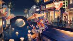  2girls absurdres ahoge architecture artist_request bili_girl_22 bili_girl_33 bilibili blue_hair boat bridge canal chinese_commentary chinese_new_year commentary_request east_asian_architecture fireworks highres holding holding_umbrella lightning_ahoge long_hair makeup multiple_girls night night_sky official_art oil-paper_umbrella outdoors people red_eyes red_ribbon ribbon rye-beer second-party_source short_hair siblings side_ponytail sisters sky smile stairs umbrella watercraft 