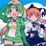  2girls alisa_southerncross animal_ears black_eyes bow bowtie closed_mouth dress elbow_gloves extra_ears food gloves green_hair hair_ornament hat highres inada_roku jacket japari_bun kemono_friends kemono_friends_3 keroro_(kemono_friends) keroro_gunsou kneehighs long_hair looking_at_viewer multicolored_hair multiple_girls open_mouth orange_hair pantyhose red_eyes shirt short_hair simple_background skirt socks star_(symbol) suspenders twintails two-tone_hair white_hair 