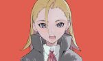  1girl :o blonde_hair blue_eyes blush collared_shirt commentary_request do_it_yourself!! forehead grey_jacket highres jacket juliet_queen_elizabeth_viii long_hair looking_at_viewer neck_ribbon open_clothes open_jacket open_mouth portrait red_background red_ribbon ribbon shirt simple_background solo tsurara_eeri white_shirt 