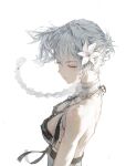  1girl bangs bare_back bare_shoulders braid braided_ponytail breasts closed_eyes closed_mouth clothing_request commentary dino_(dinoartforame) flower from_side grey_hair hair_between_eyes hair_flower hair_ornament highres kaine_(nier) long_hair medium_breasts nier nier_(series) nier_reincarnation simple_background single_braid sleeveless solo upper_body white_background white_flower 