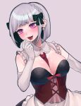  1girl :d absurdres apron bangs bare_shoulders between_breasts black_bow black_dress blunt_bangs bow braid breasts cleavage commentary_request danganronpa:_trigger_happy_havoc danganronpa_(series) dress earrings elbow_gloves fang gloves grey_gloves hair_bow hand_up highres indie_virtual_youtuber jewelry large_breasts monokuma necktie necktie_between_breasts parody piercing pink_eyes red_necktie red_ribbon ribbon saliva short_eyebrows short_necktie simple_background smile solo style_parody teeth tongue tongue_out tongue_piercing upper_teeth_only virtual_youtuber waist_apron white_apron white_background yumekawa_yamu yumekawa_yamu_(artist) 