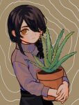  1girl aloe_(plant) black_hair black_skirt braid braided_ponytail brown_pantyhose chainsaw_man commentary grey_sweater hair_over_one_eye hair_over_shoulder io_(onisarashi) looking_at_viewer medium_hair nayuta_(chainsaw_man) object_hug orange_eyes pantyhose plant potted_plant ringed_eyes skirt solo sweater symbol-only_commentary 