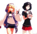  2boys androgyne_symbol bike_shorts bike_shorts_under_skirt black_gloves black_hair black_skirt blonde_hair bridget_(guilty_gear) choker crossover cuffs fingerless_gloves gloves grin guilty_gear guilty_gear_strive habit hair_ornament hairclip handcuffs highres hood hood_up hooded_jacket hoodie jacket long_sleeves looking_to_the_side machitoons male_focus medium_hair multiple_boys open_clothes open_hoodie otoko_no_ko puffy_long_sleeves puffy_short_sleeves puffy_sleeves purple_eyes red_skirt ribbon_choker short_sleeves skirt skull_hair_ornament smile steins;gate urushibara_ruka 