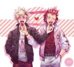  2boys ;d alternate_costume artist_name background_text bakugou_katsuki bangs belt belt_buckle black_belt black_jacket blonde_hair blush boku_no_hero_academia bracelet breast_pocket buckle buttons casual character_name chromatic_aberration clothes_writing collared_shirt commentary copyright_name diagonal_stripes double_horizontal_stripe double_vertical_stripe drawstring dress_shirt drop_shadow ear_piercing earrings eyes_visible_through_eyewear eyes_visible_through_hair eyeshadow eyewear_on_head eyewear_visible_through_hair fangs fashion feeding fingernails floral_print flower_(symbol) food food-themed_earrings food-themed_hair_ornament food_print fruit furrowed_brow hair_ornament hairpin hand_in_pocket hand_up heart heart-shaped_eyewear holding holding_food holding_fruit hood hooded_jacket jacket jewelry kirishima_eijirou leather_belt letterman_jacket long_sleeves looking_at_viewer lowah makeup male_focus multiple_boys multiple_piercings multiple_rings mutual_feeding one_eye_closed open_clothes open_jacket open_mouth ornate_ring outline pants pectoral_cleavage pectorals piercing pink-framed_eyewear pink-tinted_eyewear pink_nails pink_theme pocket print_shirt red_eyes red_eyeshadow red_hair red_nails red_shirt ring scar scar_across_eye scar_on_face sharp_teeth shirt short_eyebrows short_hair side-by-side signature sleeves_rolled_up smile spiked_hair standing star_(symbol) sticker straight-on strawberry strawberry_earrings strawberry_hair_ornament strawberry_print striped symmetrical_hand_pose teeth tinted_eyewear tumblr_username twitter_username upper_body v-neck v-shaped_eyebrows watermark white_hood white_outline white_shirt white_sleeves x yellow-framed_eyewear zipper zipper_pull_tab 