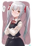  1girl alternate_hairstyle artist_name bangs belt black_dress blush buttons closed_mouth collared_shirt commentary_request crossed_arms dress fuji_(pixiv24804665) grey_belt grey_hair highres kantai_collection kasumi_(kancolle) kasumi_kai_ni_(kancolle) long_hair long_sleeves pinafore_dress shirt signature solo speech_bubble translation_request twintails upper_body white_shirt yellow_eyes 