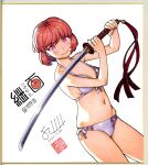  1girl bangs bare_arms bare_shoulders bra breasts character_name commentary_request copyright_name dated hamada_yoshikazu highres holding holding_sword holding_weapon katana looking_at_viewer medium_breasts navel official_art panties photo_(medium) red_eyes red_hair shikishi short_hair signature simple_background smile solo stomach sumeragi_sunao sword tassel thighs traditional_media tsugumomo underwear underwear_only weapon white_background white_bra white_panties 