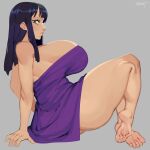  1girl absurdres ass black_hair breasts feet highres huge_breasts looking_at_viewer medium_hair nezulet nico_robin one_piece simple_background solo thick_thighs thighs towel 