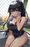  1girl bad_anatomy bangs bare_arms bare_shoulders black_hair black_one-piece_swimsuit blush breasts chain-link_fence cleavage commentary_request competition_swimsuit covered_navel fence highres holding holding_towel kantai_collection kihou_no_gotoku_dmc large_breasts long_hair looking_at_viewer one-piece_swimsuit open_mouth orange_eyes outdoors ponytail sitting solo swimsuit thighs towel very_long_hair yahagi_(kancolle) 