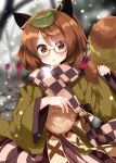  1girl animal_ears bangs blush brown_eyes brown_hair checkered_clothes checkered_scarf futatsuiwa_mamizou glasses green_kimono highres japanese_clothes kimono leaf leaf_on_head long_sleeves parted_lips raccoon_ears raccoon_tail round_eyewear ruu_(tksymkw) scarf short_hair snow solo tail touhou upper_body wide_sleeves 