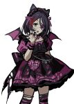  1girl animal_ears bat_wings betti_(xx_betti) black_nails blush bow cat_ears dress eyepatch fang frilled_hairband frills gothic_lolita hair_between_eyes hairband hayasaka_mirei heart highres idolmaster idolmaster_cinderella_girls lolita_fashion looking_at_viewer multicolored_hair open_mouth puffy_short_sleeves puffy_sleeves purple_hair red_hair short_hair short_sleeves simple_background solo streaked_hair thighhighs torn_clothes white_background wings wrist_cuffs 