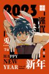  1boy 2023 :d animal_ears background_text bangs bare_shoulders bent_over blush boku_no_hero_academia bunny_earmuffs chinese_zodiac commentary cosplay diamond_(shape) earmuffs eyebrows_hidden_by_hair foreground_text fourth_wall freckles fur_collar gloves green_hair happy happy_new_year highres looking_at_viewer male_focus midoriya_izuku mirko mirko_(cosplay) namarigenshi new_year orange_background outside_border paneled_background rabbit_ears scar scar_on_arm see-through_thighhighs short_hair sleeveless sleeveless_turtleneck_leotard smile solo teeth text_focus upper_teeth_only white_gloves year_of_the_rabbit 