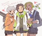  1girl 2boys animification apex_legends bike_shorts black_cardigan black_eyes black_gloves black_hair black_shorts black_skirt blonde_hair blue_bow blue_eyes bow cardigan collared_shirt commentary confused crossdressing crypto_(apex_legends) drawstring gloves green_bow green_hoodie grey_hair hack_(apex_legends) head_tilt heart highres hood hoodie lip_piercing looking_at_viewer miniskirt multiple_boys nojima_minami non-humanoid_robot open_clothes open_hoodie orange_bow orange_hoodie partially_fingerless_gloves piercing red_bow robot seer_(apex_legends) shirt shorts skirt symbol-only_commentary two-tone_hoodie valkyrie_(apex_legends) white_hoodie white_shirt 