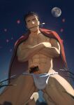  1boy abs ass_visible_through_thighs backlighting bara barefoot black_hair bulge calligraphy_brush cape censored crossed_arms erection fundoshi grass grin happy_new_year headband highres japanese_clothes large_penis looking_at_viewer maize-sausage male_focus male_pubic_hair moon mouth_hold muscular muscular_male navel navel_hair night on_ground original outdoors paintbrush pectorals penis penis_out precum pubic_hair pubic_hair_peek red_cape red_eyes red_headband short_hair sky smile solo spiked_hair spread_legs star_(sky) starry_sky testicle_peek underwear underwear_only 