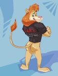  anthro black_clothing black_shirt black_t-shirt black_topwear blue_background butt clothing crossed_arms dare_lion dare_program daren detailed_background english_text felid fur hair hi_res lion male mammal open_mouth orange_hair pantherine pink_nose redo_(artist) shadow shirt simple_background solo t-shirt tan_body tan_fur text topwear 