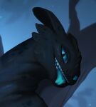  blue_eyes dragon dreamworks feral headshot_portrait how_to_train_your_dragon looking_at_viewer low_res lying lynncore male night_fury nuri on_back portrait scalie solo western_dragon 