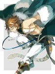  1boy bare_shoulders black_coat boots brown_eyes brown_footwear brown_hair closed_mouth coat crop_top cyenmi3 fur-trimmed_coat fur_trim glasses gran_(granblue_fantasy) granblue_fantasy highres looking_at_viewer male_focus pants semi-rimless_eyewear shirt short_hair sleeveless sleeveless_shirt smile tail tiger_tail twitter_username v-shaped_eyebrows white_pants 
