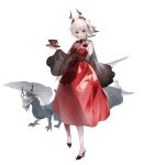  1girl arm_behind_back cup dragon dragon_horns dress full_body grey_hair high_heels highres holding holding_saucer horns looking_at_viewer neck_ribbon original red_dress red_eyes ribbon saucer scarf see-through short_hair smile solo standing takeno_zhuye teacup white_background white_hair 