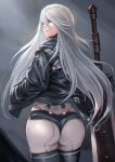  1girl absurdres android ass black_thighhighs blue_eyes from_behind hair_between_eyes highres jacket long_hair looking_at_viewer micro_shorts mole mole_under_mouth nevoangelo_arm nier_(series) nier_automata open_clothes open_jacket shorts solo sword thighhighs weapon white_hair yorha_type_a_no._2 