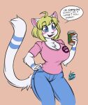  2022 anthro beverage big_breasts blonde_hair blue_eyes blush breasts cleavage clothed clothing coffee dialogue domestic_cat felid feline felis female hair huge_breasts kurimi_(lunarspy) lunarspy mammal open_mouth pandarilao signature simple_background smile solo speech_bubble standing text wide_hips 