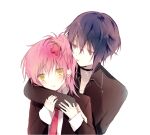  1boy 1girl black_choker black_eyes black_hair black_jacket blazer blush choker collared_shirt gyaru hetero hinamori_amu hug hug_from_behind jacket long_sleeves necktie pink_hair shirt shugo_chara! skunlv tsukiyomi_ikuto white_background white_shirt yellow_eyes 